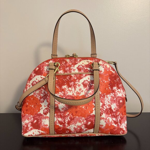 Coach Peyton Cora Pink Orange White Tan Leather Floral Dome Satchel - Picture 3 of 11